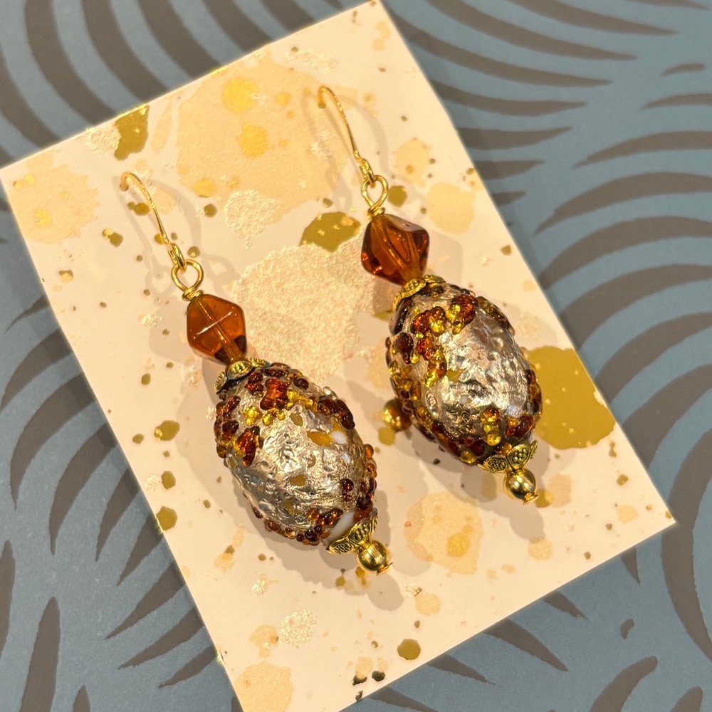 ⭐️ Artisan Glass Bead Drop Earrings in Amber and Gold ⭐️